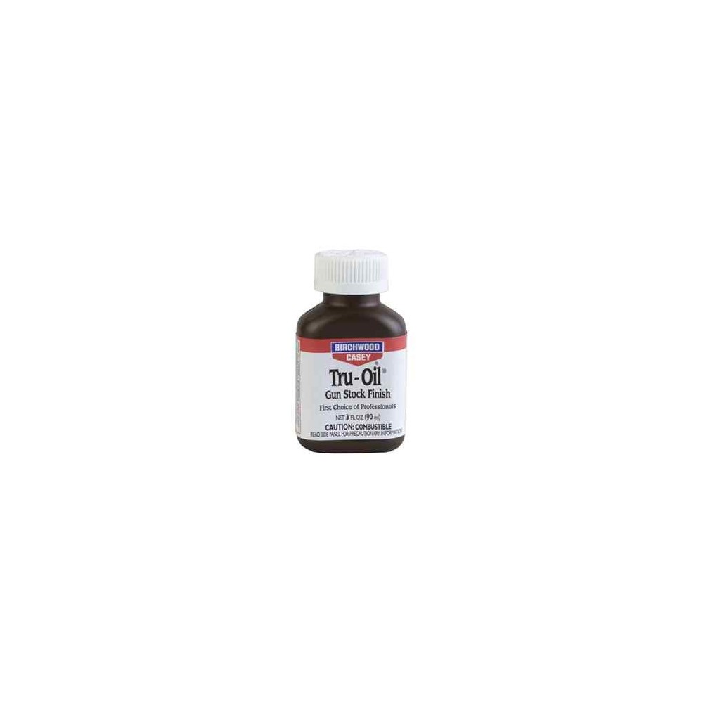 Flacone di Birchwood Casey Tru-Oil, olio per finitura e protezione di calci di fucile in legno.